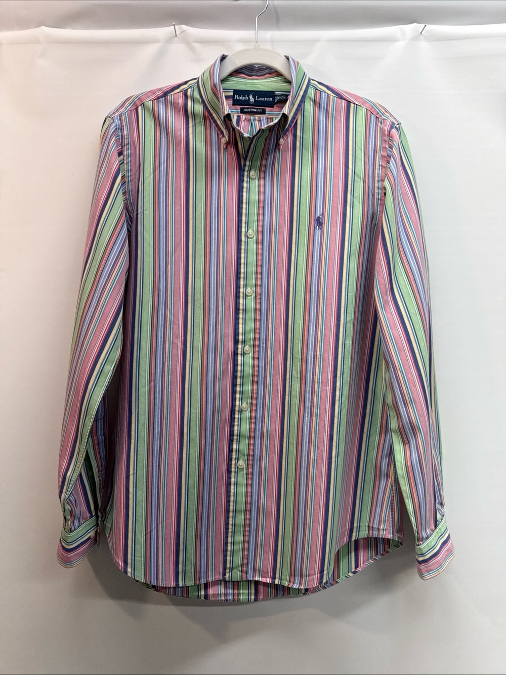 VTG Polo Ralph Lauren Men’s Sz M Oxford Shirt Multi Stripe Button Up Purple Pony